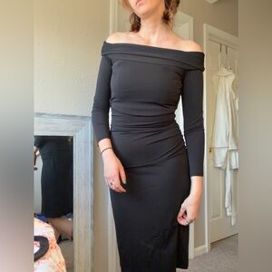 BCBGMaxazria black off the shoulder body contour midi dress